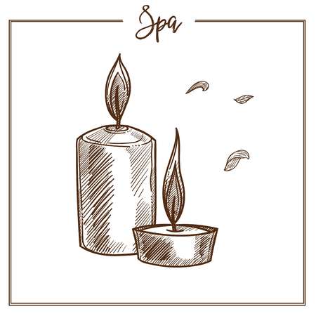 Spa procedure equipment, lighted aromatic wax candles with natural scents, monochrome sketch. Pleasant aromatherapy sean?e to calm nerves and improve health promo banner cartoon vector illustration.のイラスト素材