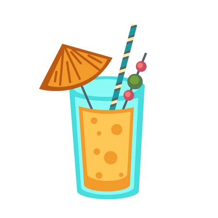 Cocktail in glass with straw and small umbrella. Delicious summer drink with orange taste. Cool beverage in glassware with decor isolated cartoon flat vector illustration on white background.のイラスト素材