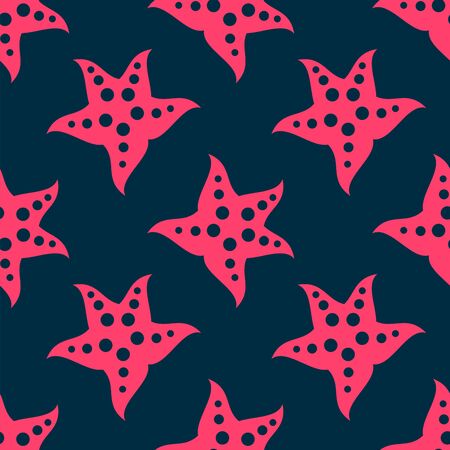 Big bright pink sea starfish inside summer seamless pattern. Underwater bottom unusual creature that has shape of star in endless texture cartoon flat vector illustration on navy blue background.のイラスト素材