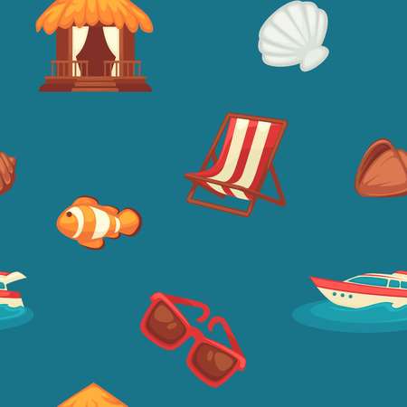 Summer endless texture with attributes for seaside vacation. Clown fish, striped recliner, small shellfish, motor boat, stylish sunglasses and wooden bungalow in endless texture vector illustration.のイラスト素材