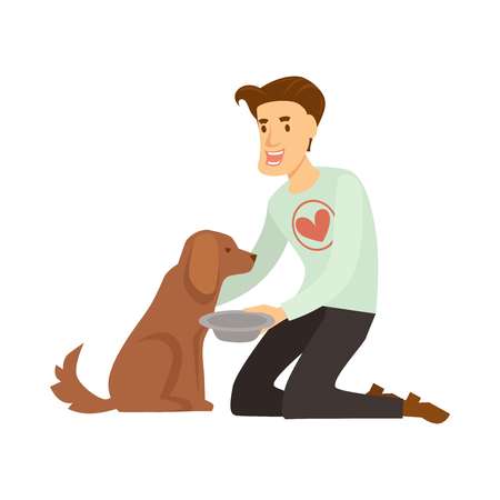 Volunteer in sweater with red heart feeds fluffy homeless dog. Guy helps poor hungry animal. Man holds bowl to give food to pet isolated cartoon flat vector illustration on white background.のイラスト素材
