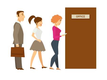 People line queue entering office. Vector cartoon managers or workers of woman and men going to officeのイラスト素材
