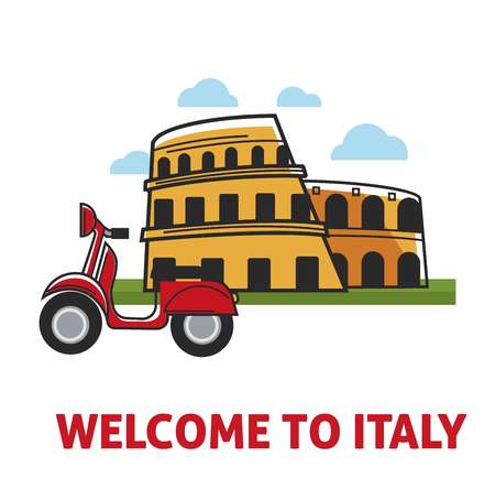 Welcome to Italy promotional banner with famous coliseum and mopedのイラスト素材