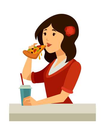 Italian woman with rose in hair eats pizzaのイラスト素材
