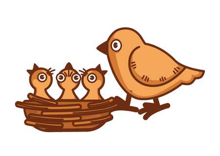 Mother bird sits on edge of nest with babiesのイラスト素材