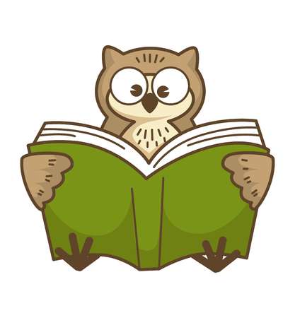 Wise owl with big round eyes reads bookのイラスト素材