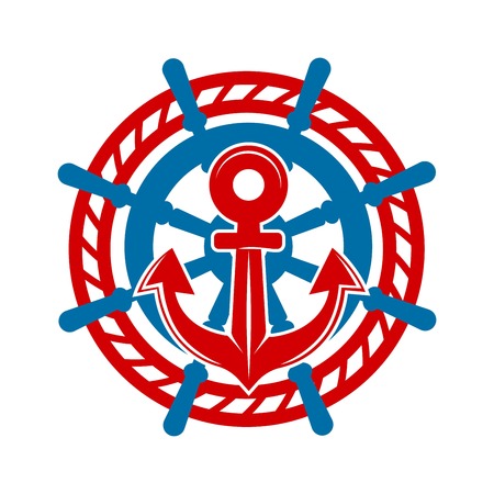 Anchor and helm logo template for marine or nautical . Vector icon of boat steering wheel and ship...