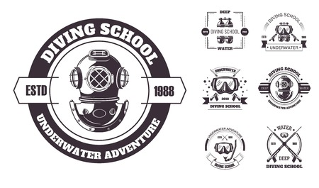 Diving school underwater adventure promo monochrome emblems setのイラスト素材