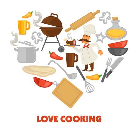 Love cooking promo poster with culinary equipment and male cookのイラスト素材