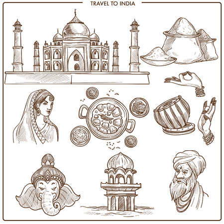 India travel sketch symbols and famous tourist landmarks. Vector woman in sari dress, Taj Mahal or rice food, man in traditional clothes, henna hand and Ganesha Buddhism elephantのイラスト素材