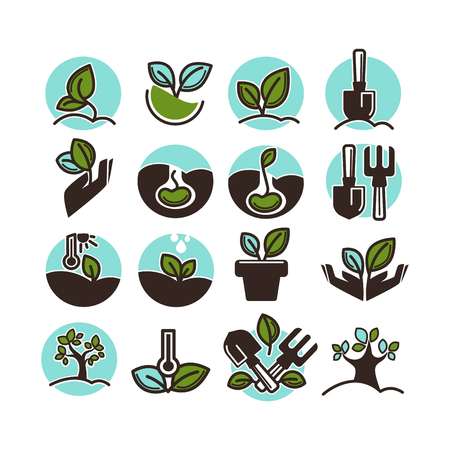 Gardening, agriculture and horticulture vector icons and logo templates of plant and tree green leaf for gardener farmingのイラスト素材