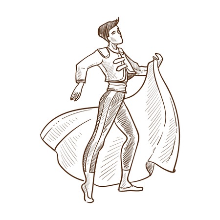 Prince charming in cloak monochrome sketch outline of handsome man wearing special formal suit of medieval times. Elegant male looking in distance moving forward isolated on vector illustrationのイラスト素材