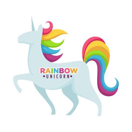 Rainbow unicorn poster with headline, colorful title and amazing horned horse. Fantastic fairy tale creature multicolored tail, mane fringe. Miracle fantasy character isolated on vector illustrationのイラスト素材