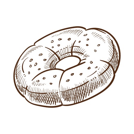 Round shaped sweet dessert cookie monochrome sketch outline. Circle with hole, flavoring on top sesame on dough. Baked traditional confectionery meal. Sugary snack isolated on vector illustrationのイラスト素材