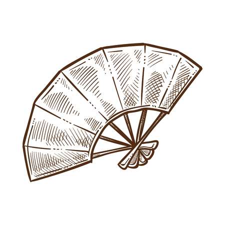 Hand fan ?hinese attributes monochrome sketch outline. Traditional asian decoration of homes made of paper and wooden material. Eastern element for cooling temperature isolated on vector illustrationのイラスト素材