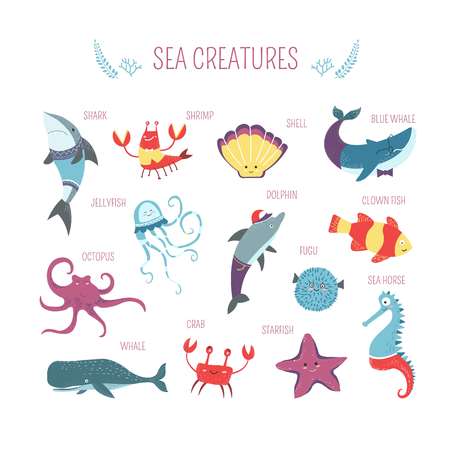 Sea fish and animals creatures vector cartoon designのイラスト素材