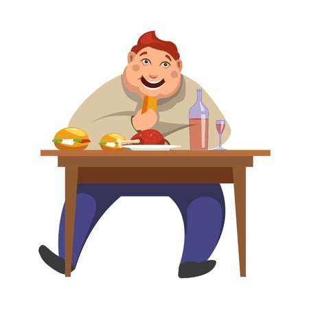 Gluttony or excessive eating and obesity addicted man of people bad habits. Vector boy sitting at table and eat lot of food and drinksのイラスト素材