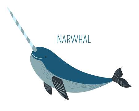 Narwhal with sharp horn childish book cartoon character. Exotic fish with weapon on head, flippers and tail. Underwater creature caricature for fairy tales and stories isolated vector illustration.のイラスト素材