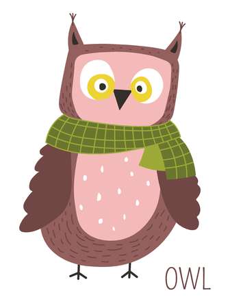 Owl with scarf childish cartoon book character. Wild bird with ridiculous face on small claws for fairy tales and stories. Animal species caricature with slanting eyes isolated vector illustration.のイラスト素材
