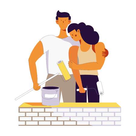 Vector young couple family on house buildingのイラスト素材