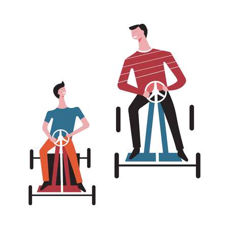 Father man and child playing together with son boy racing on kart car or karting in park rides and having fun time. Vector flat cartoon faceless isolated peopleのイラスト素材