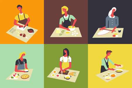 Woman cooking at kitchen table and stove. Vector faceless woman cutting ingredients and prepare soup or salad, cook dough or frying on panのイラスト素材