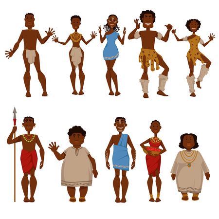 African native tribe people vector characters in Africa national or traditional clothing, jewelry or chief weapon and tribal ornament painting on faceのイラスト素材