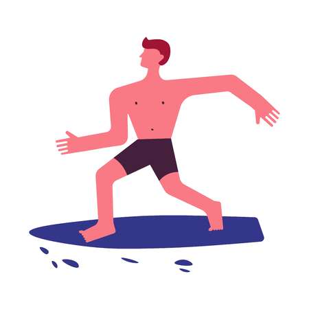 Man surfing on sea or ocean waves or boy on surfboard. Vector faceless people icon for summer holiday sport and hobbyのイラスト素材
