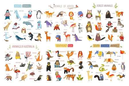 Cartoon animals and birds of different continents