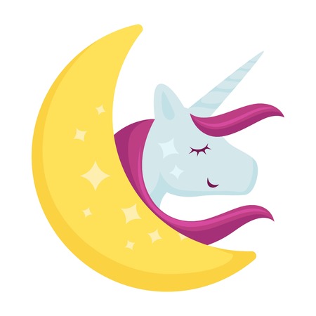 Cartoon unicorn sleeping on moon vector iconのイラスト素材