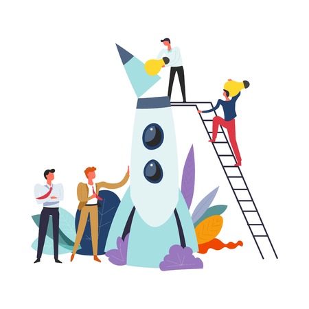 Start up of businessmen males launching rocket vector. People with light electric bulb throwing ideas into spaceship ready to flight. Ladder to reach top, men controlling process, foliage decorのイラスト素材