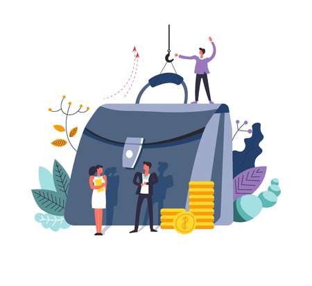 Business money and finance ideas of people vector. Man with hook carrying bag full of coins, male and female standing by handbag. Foliage and leaves plants as decoration, investment and depositsのイラスト素材