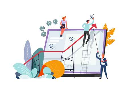 Business meeting and solving problems on charts vector. People raising pointer and increasing percentages, male standing on ladder wearing formal suit. Foliage and leaves, sheet with informationのイラスト素材