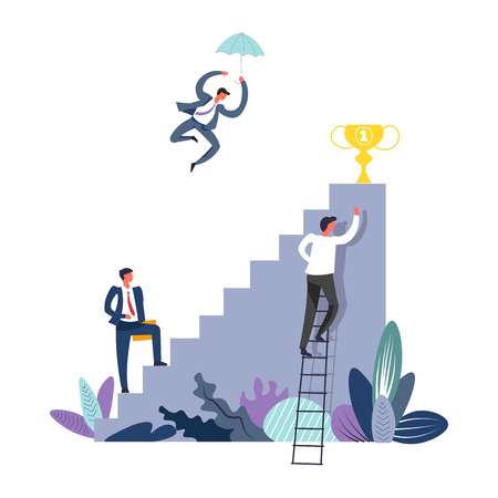 Business concept formal businessman aiming to success vector. Staircase and person flying using umbrella, achievement of people, wearing formal suits with ties. Foliage and leaves plants decorationのイラスト素材