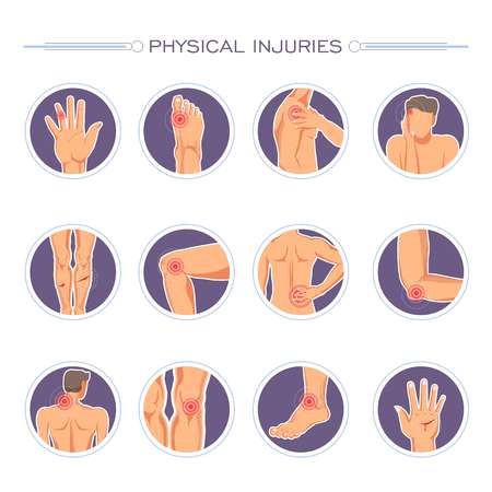 Physical injuries poster with body parts and wounds vector. Hand and foot with finger pain, ache in shoulder and knee, elbow and in ankle. Headache and neck sore, palm with bleeding bloody cutのイラスト素材