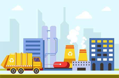 City town infrastructure buildings and factories car vector. Truck van transporting garbage for recycling process at industrial place. Gas emissions from urban constructions saving ecological problemのイラスト素材