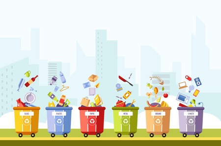 Glass and plastic, paper and metal, organic and waste separation in different boxes vector. Recycling of waste in dustbins, trash can with cutlery tablets and laptops, fish bones, bread and food dumpのイラスト素材
