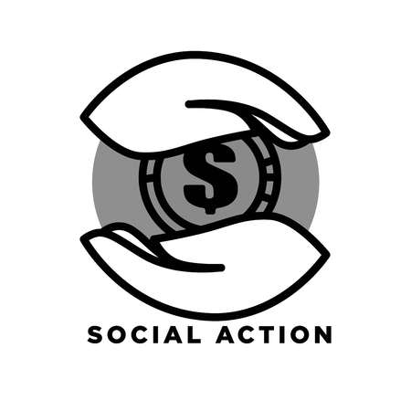 Make donations agitative poster with hands that hold big gold coin isolated cartoon flat vector illustration . Charity and financial aid for people in need advertisement banner.のイラスト素材