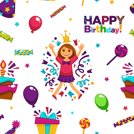 Happy birthday party with balloons seamless pattern vector. Small female girl wearing crown celebrating holiday, present box with ribbon cake with fired candle, bakery with cream. Candy and lollipopのイラスト素材