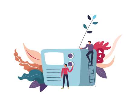 Radio mass media information receiver and people vector. Telecommunication using new technologies and virtual waves. Male standing on ladder and person turning volume button on box, info centerのイラスト素材