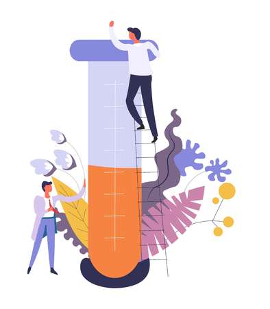 Chemistry and laboratory experiments of scientists isolated vector. Tube with substance of unknown origin, new medicament or liquid for patients curing. Flowers and foliage, decorative leavesのイラスト素材
