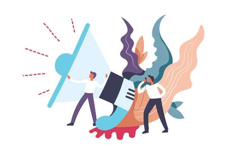 Loudspeaker broadcasting of news and information isolated vector. People talking to public heard by everyone, publication of info. Foliage and leaves as decoration, males wearing formal suitsのイラスト素材