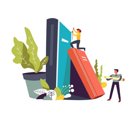 Studying books and person with pencil in hands vector. Plant with broad leaves and foliage, pot with growing flora. Female measuring size of publication in hardcover, student and teacher with meterのイラスト素材