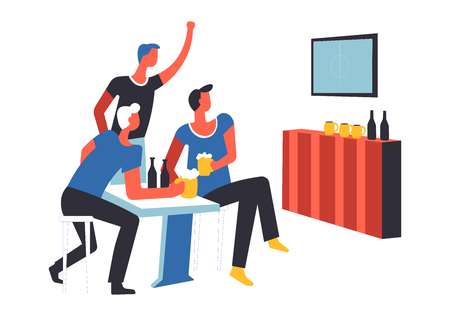 Party people males watching tv match isolated vector. Person drinking alcoholic beverage, beer in big mugs, television as mean of entertainment, glass bottles and fans sitting by table at barのイラスト素材