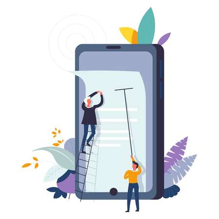 Business meeting and teamwork by men isolated vector. People making post on mobile telephone screen monitor, content editing by males. Foliage and leaves as decorative elements smartphoneのイラスト素材