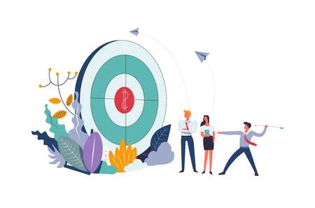 Business meeting and target with dollar aim vector. Male trying to hit the center of rounded board and earn money. Colleagues watching at process, foliage and leaves of plants, finance and wealthのイラスト素材