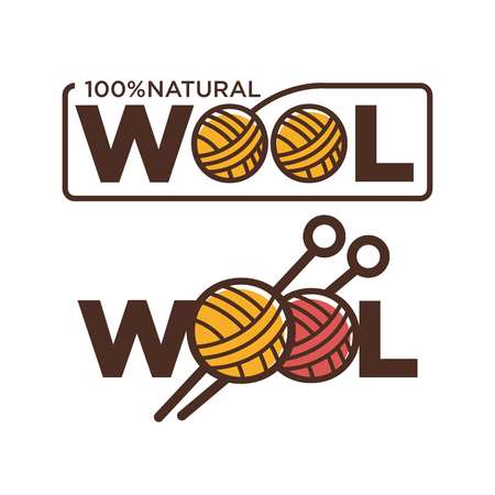 Natural wool 100 percent quality threads and knitting needles vector. Poster with text and organic material forming ball shape. Textile and soft fluffy fiber for making new clothes and home decorのイラスト素材