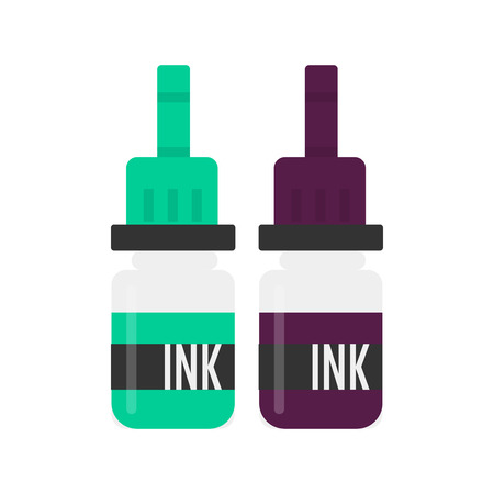 Tattoo ink for tattooing of clients skin vector. Bottles with liquids of different color, containers and paint, text on reservoir, machine for making sketches and drawing on human body. Masters toolsのイラスト素材