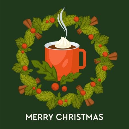 Merry Christmas, hot drink with cinnamon in mug vector.のイラスト素材