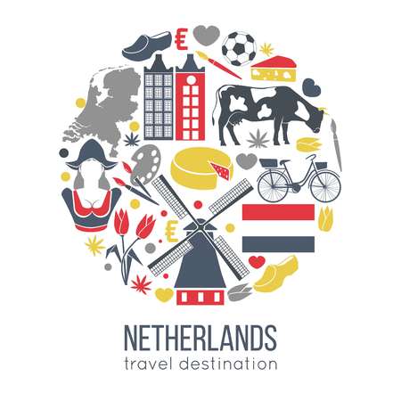 Netherlands travelling sketch for tourists of traditional symbolsのイラスト素材